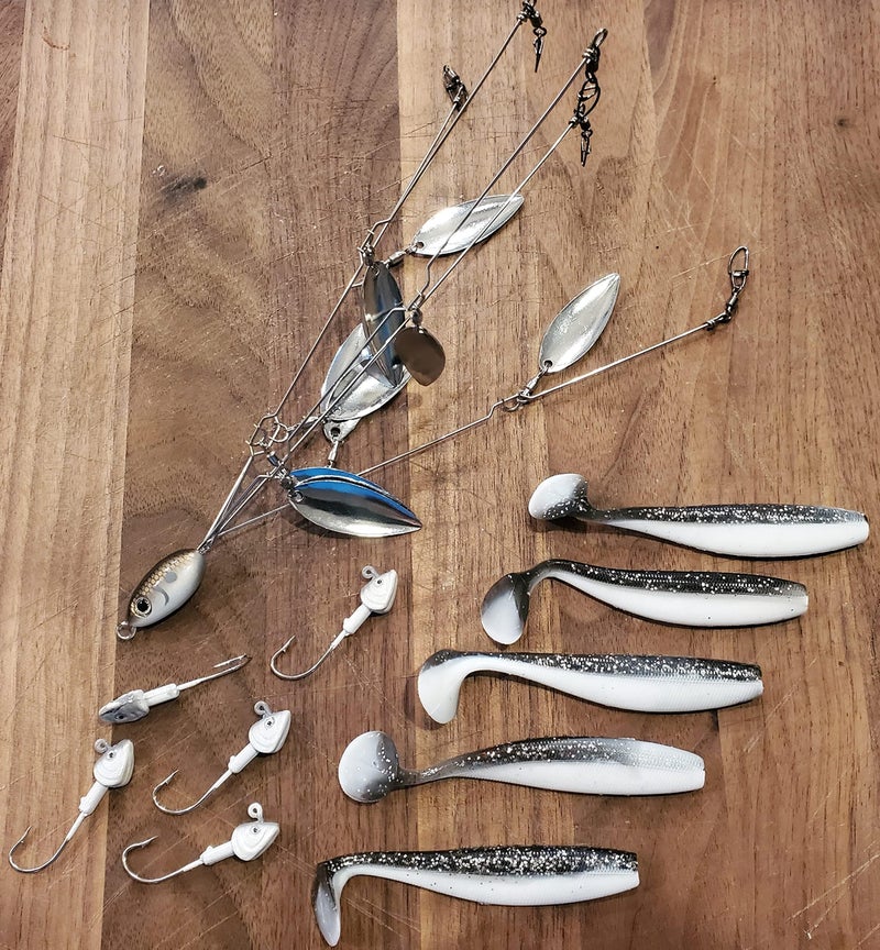 Fishing Vault Fully Rigged 5 Arms 8 Bladed Umbrella Rig Bass Lure W/Swim Baits and Jig Heads Included - Image 2